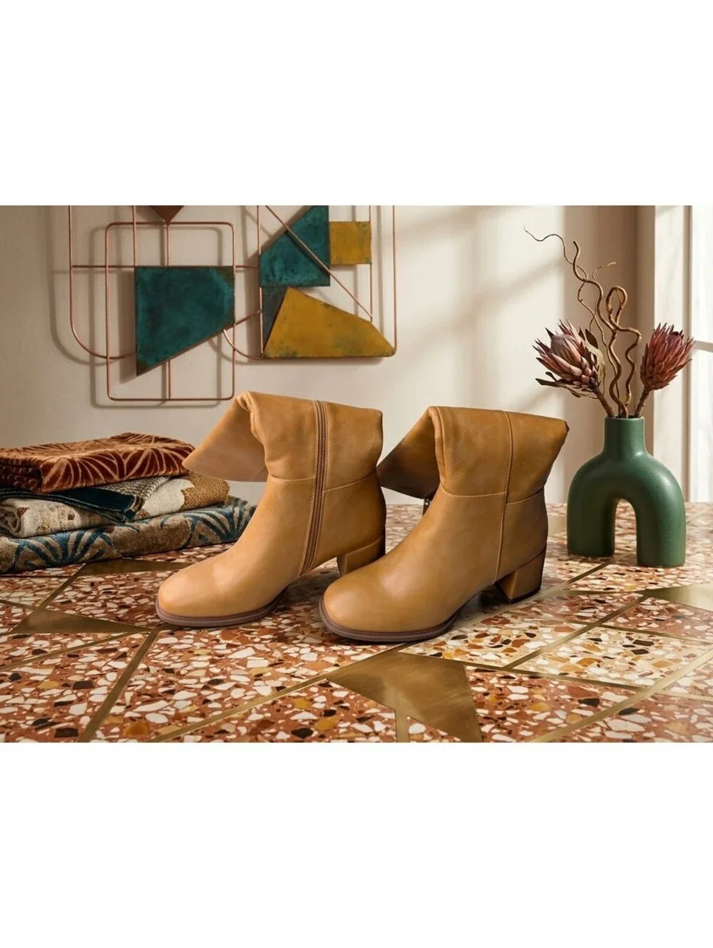 Aiuniind Tan Camel Square Toe Chunky Heel Knee High Boots 9.5